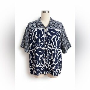 Anthropologie Roll Sleeve Blue and White Oversized 3/4 Sleeve Button Down Shirt